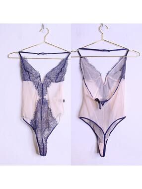 NWT VS Nude Navy Blue Mesh Halter Bodysuit - Small